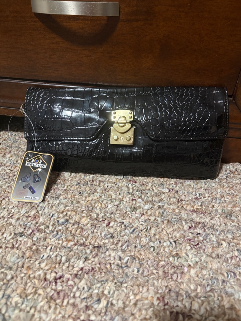 Bellini Black Croc-Embossed Clutch with Gold Lock
